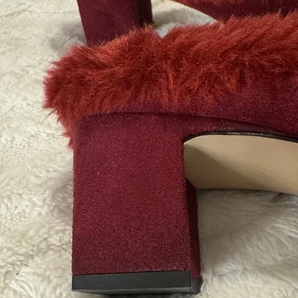 Annie Wine Red Faux Fur Trim Mules - Picture 3 of 9